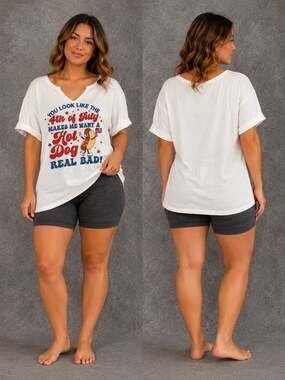 Womens 4th Of July Hot Dog Graphic V-Neck Short Sleeve Tee XL